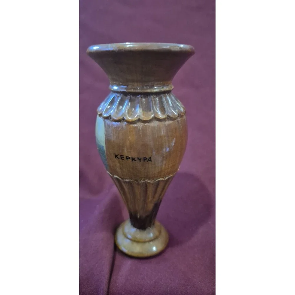 1919 Antique Olive Wooden Bud Vase Kepkypa  Hand Painted 5 Inch Water Mountians